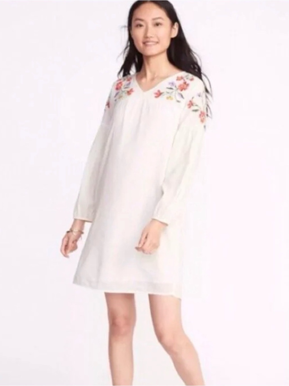Old Navy Cream Embroidered V-Neck Top with Red Floral Detail